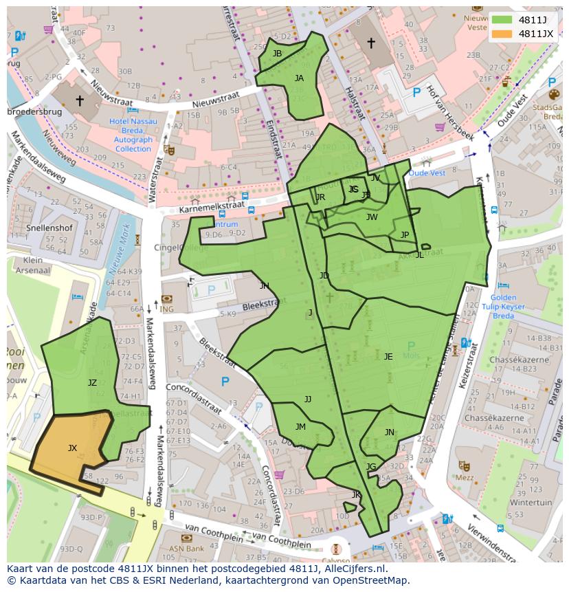 Afbeelding van het postcodegebied 4811 JX op de kaart.