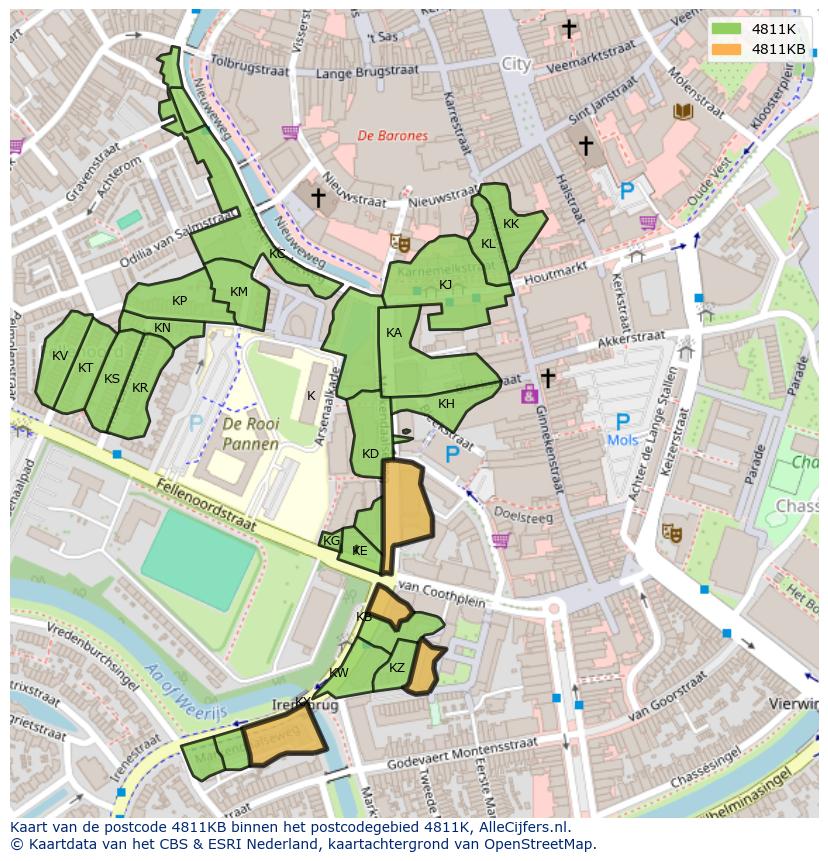 Afbeelding van het postcodegebied 4811 KB op de kaart.