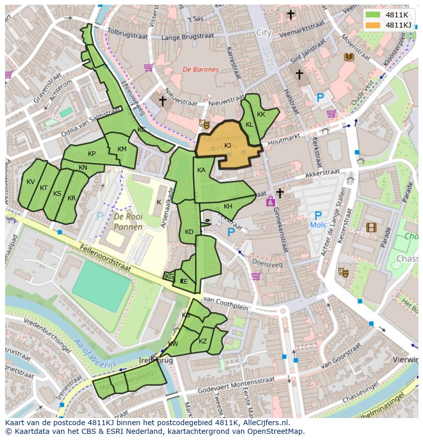 Afbeelding van het postcodegebied 4811 KJ op de kaart.