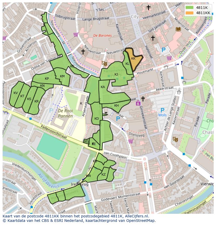 Afbeelding van het postcodegebied 4811 KK op de kaart.