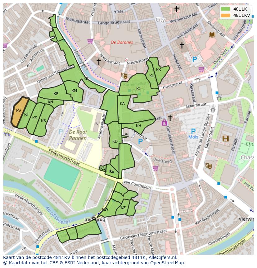 Afbeelding van het postcodegebied 4811 KV op de kaart.