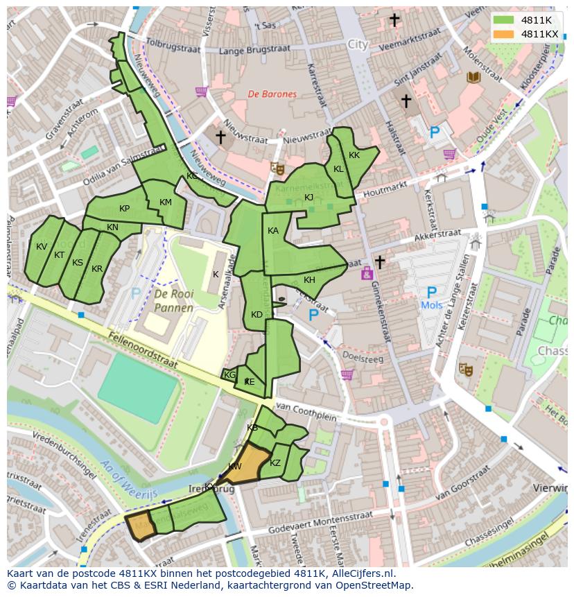 Afbeelding van het postcodegebied 4811 KX op de kaart.