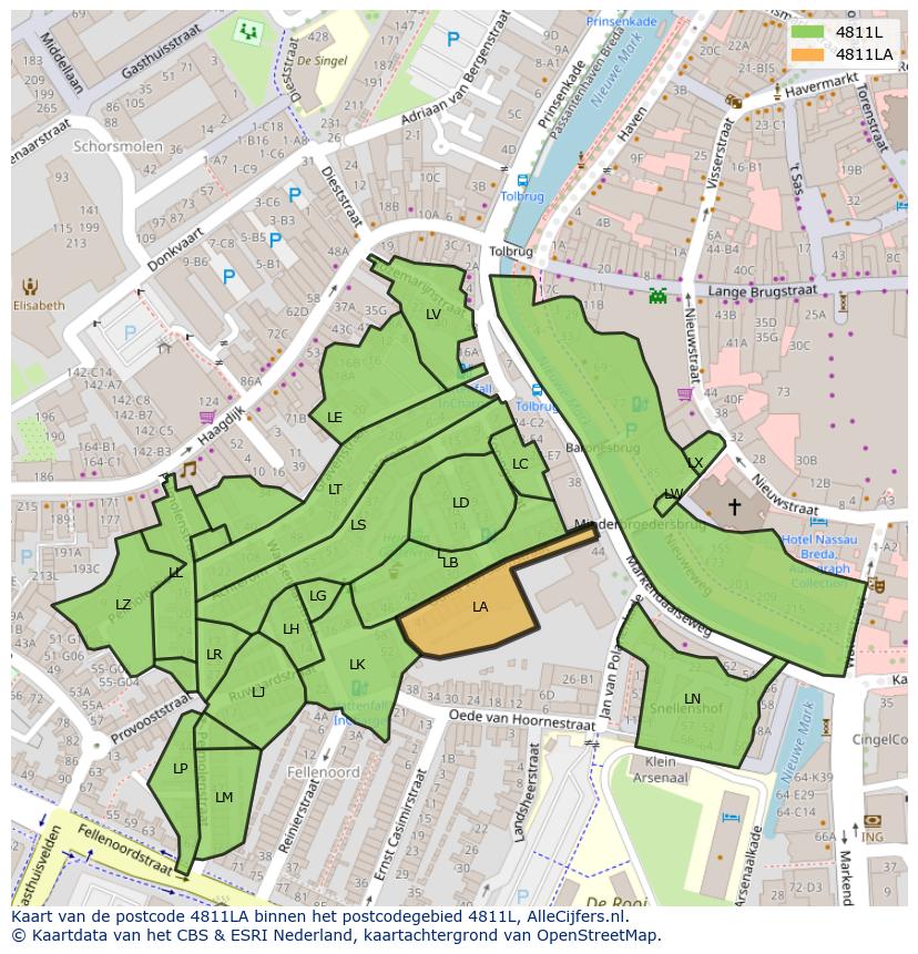 Afbeelding van het postcodegebied 4811 LA op de kaart.