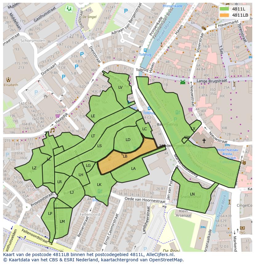 Afbeelding van het postcodegebied 4811 LB op de kaart.