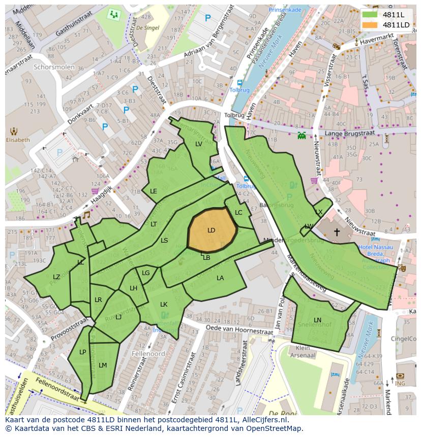 Afbeelding van het postcodegebied 4811 LD op de kaart.