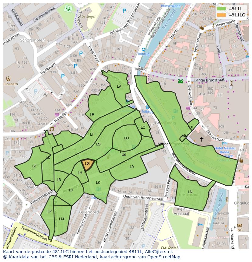 Afbeelding van het postcodegebied 4811 LG op de kaart.