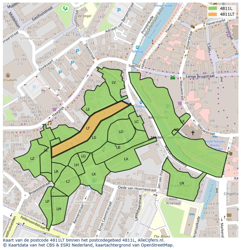 Afbeelding van het postcodegebied 4811 LT op de kaart.
