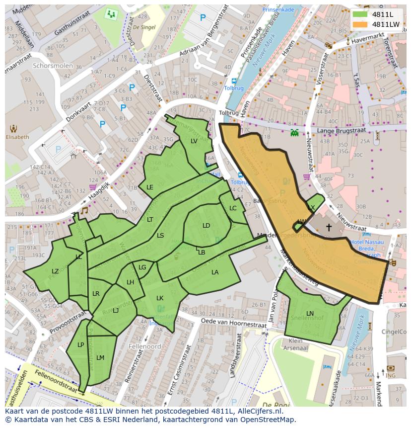 Afbeelding van het postcodegebied 4811 LW op de kaart.