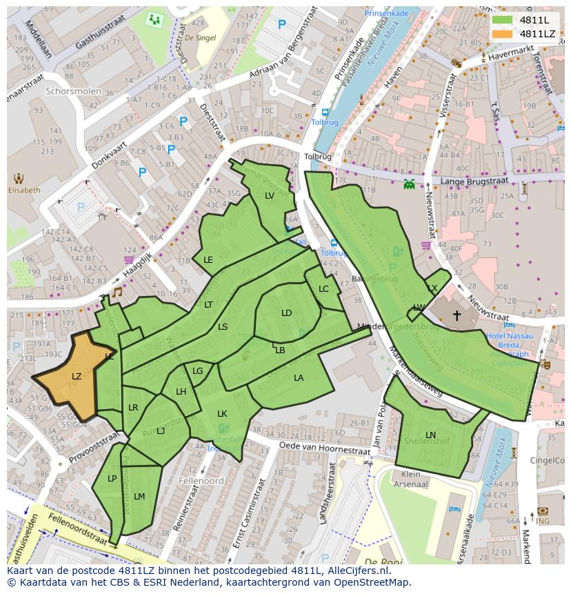 Afbeelding van het postcodegebied 4811 LZ op de kaart.