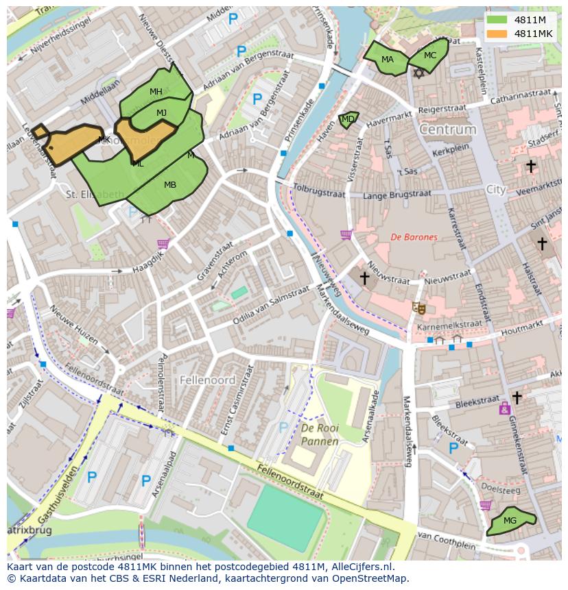 Afbeelding van het postcodegebied 4811 MK op de kaart.