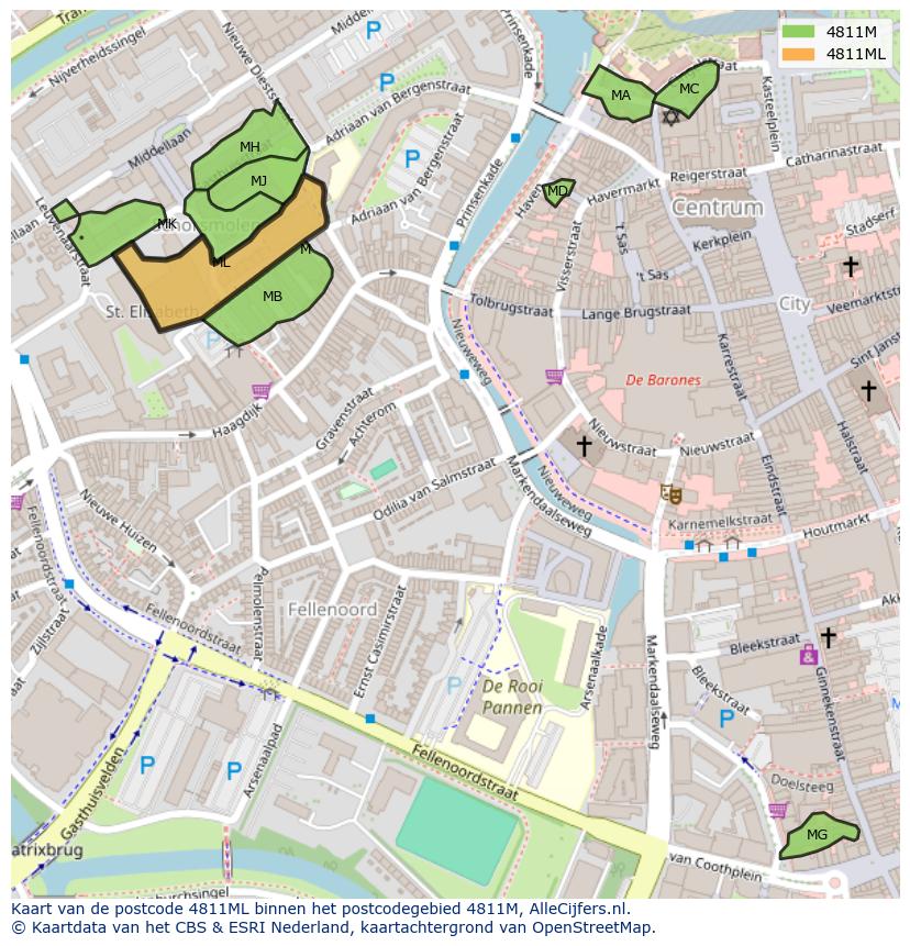 Afbeelding van het postcodegebied 4811 ML op de kaart.