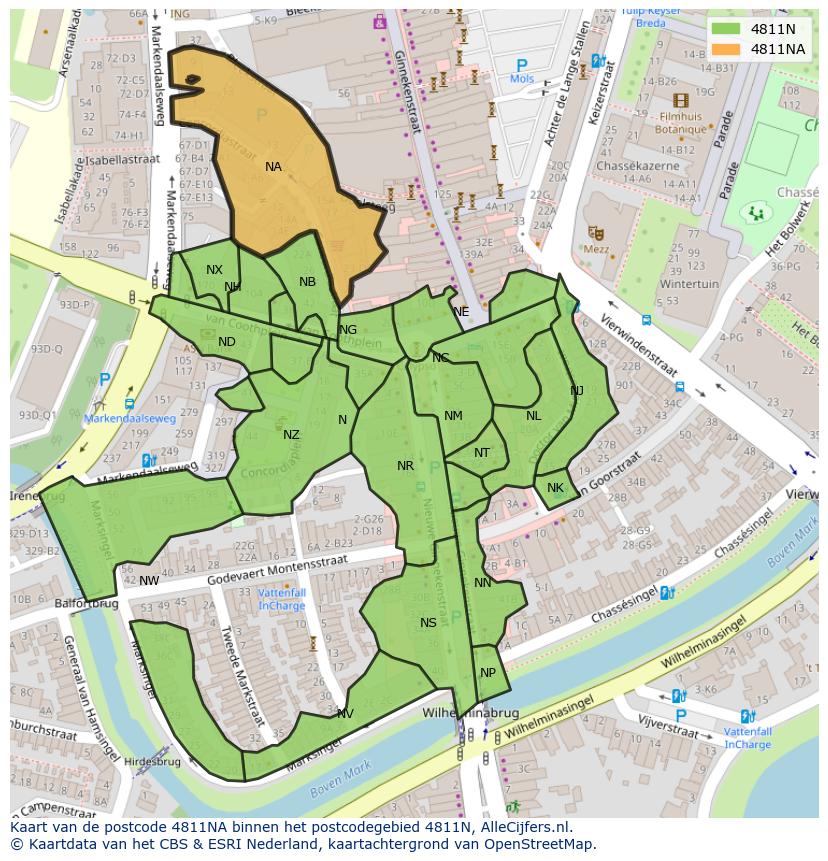Afbeelding van het postcodegebied 4811 NA op de kaart.