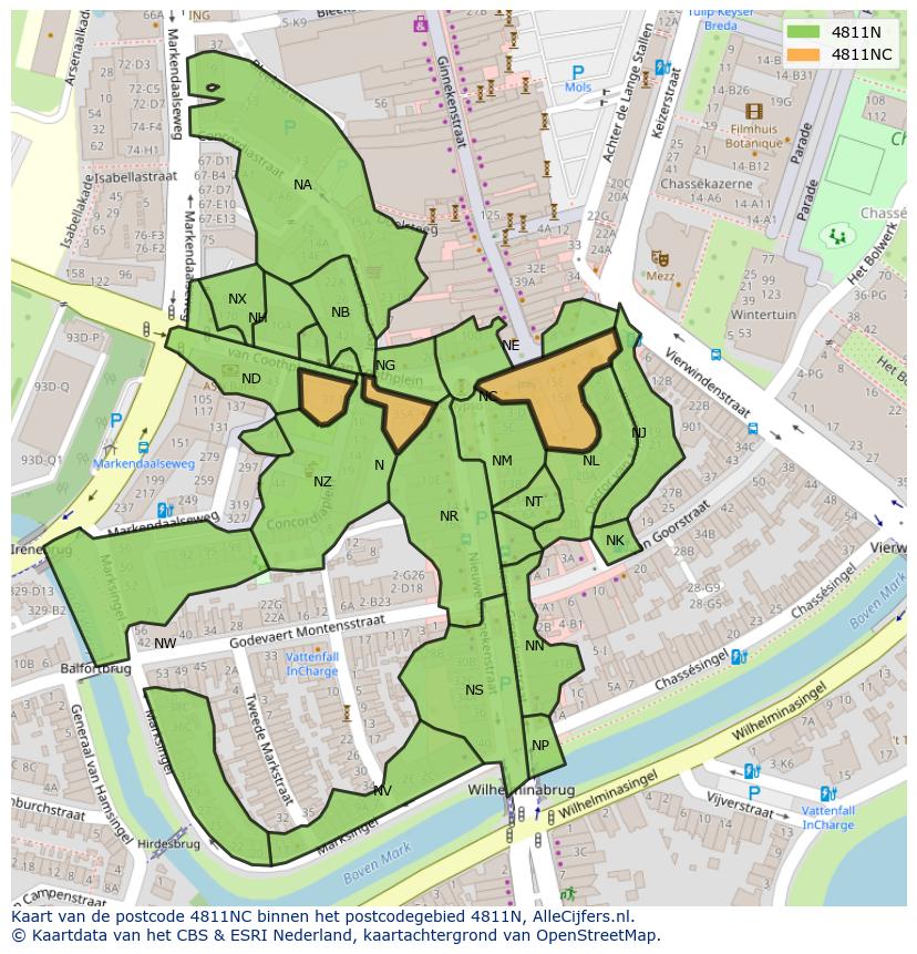 Afbeelding van het postcodegebied 4811 NC op de kaart.
