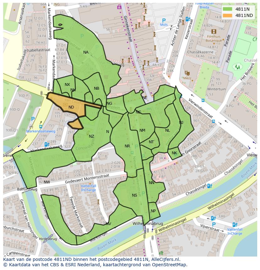 Afbeelding van het postcodegebied 4811 ND op de kaart.