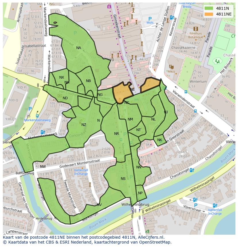 Afbeelding van het postcodegebied 4811 NE op de kaart.