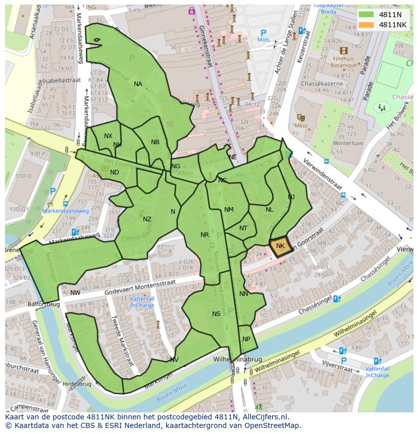 Afbeelding van het postcodegebied 4811 NK op de kaart.