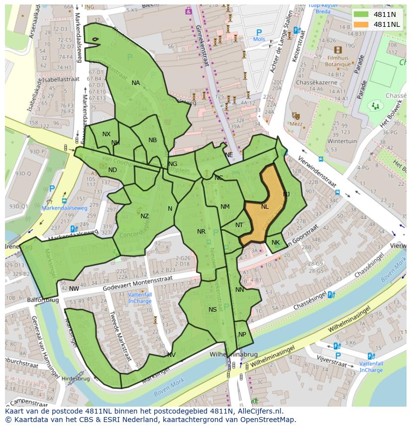 Afbeelding van het postcodegebied 4811 NL op de kaart.