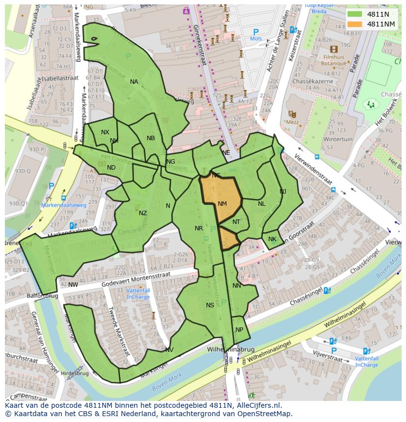 Afbeelding van het postcodegebied 4811 NM op de kaart.