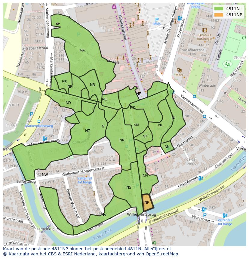 Afbeelding van het postcodegebied 4811 NP op de kaart.