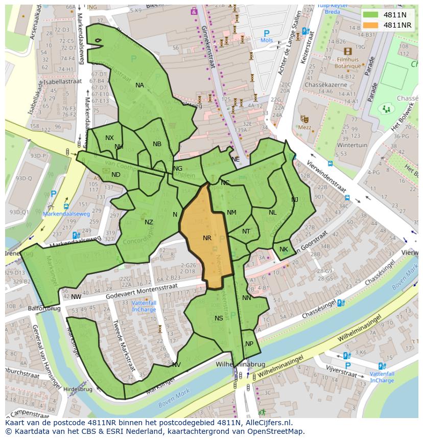 Afbeelding van het postcodegebied 4811 NR op de kaart.