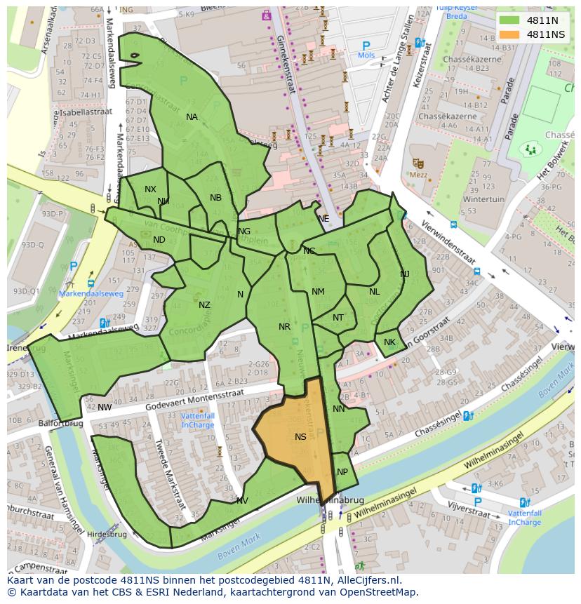 Afbeelding van het postcodegebied 4811 NS op de kaart.
