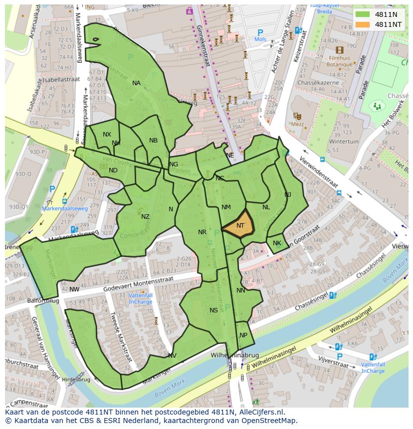 Afbeelding van het postcodegebied 4811 NT op de kaart.