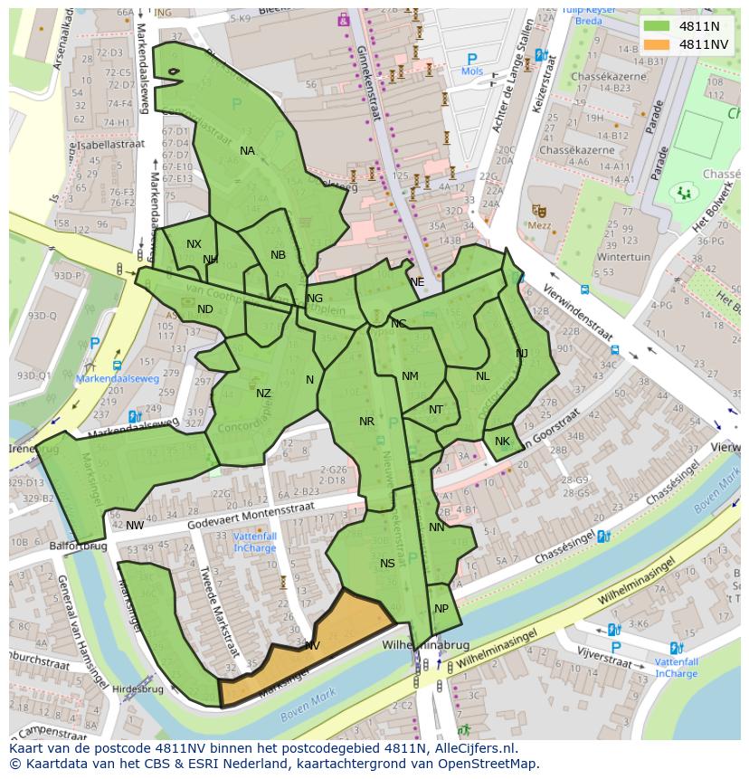 Afbeelding van het postcodegebied 4811 NV op de kaart.