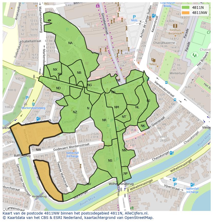 Afbeelding van het postcodegebied 4811 NW op de kaart.