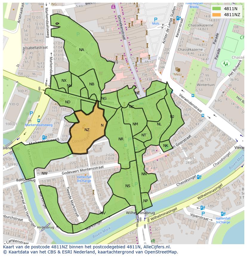 Afbeelding van het postcodegebied 4811 NZ op de kaart.