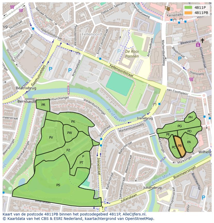 Afbeelding van het postcodegebied 4811 PB op de kaart.