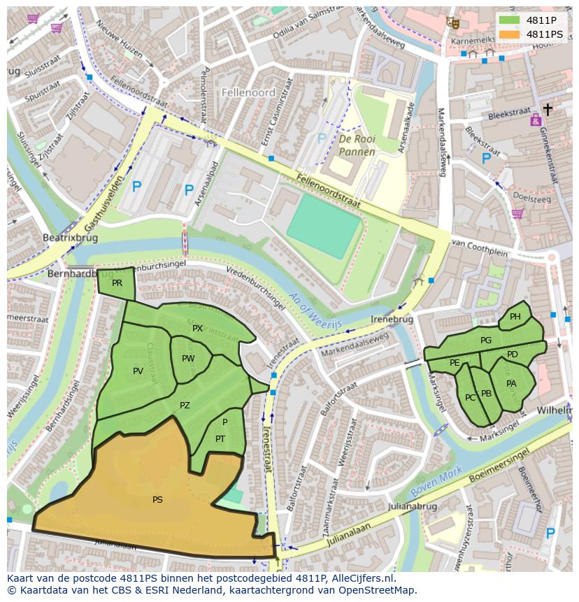 Afbeelding van het postcodegebied 4811 PS op de kaart.