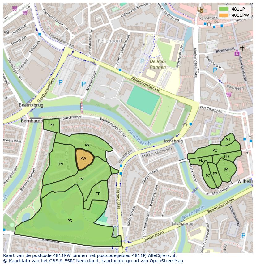 Afbeelding van het postcodegebied 4811 PW op de kaart.