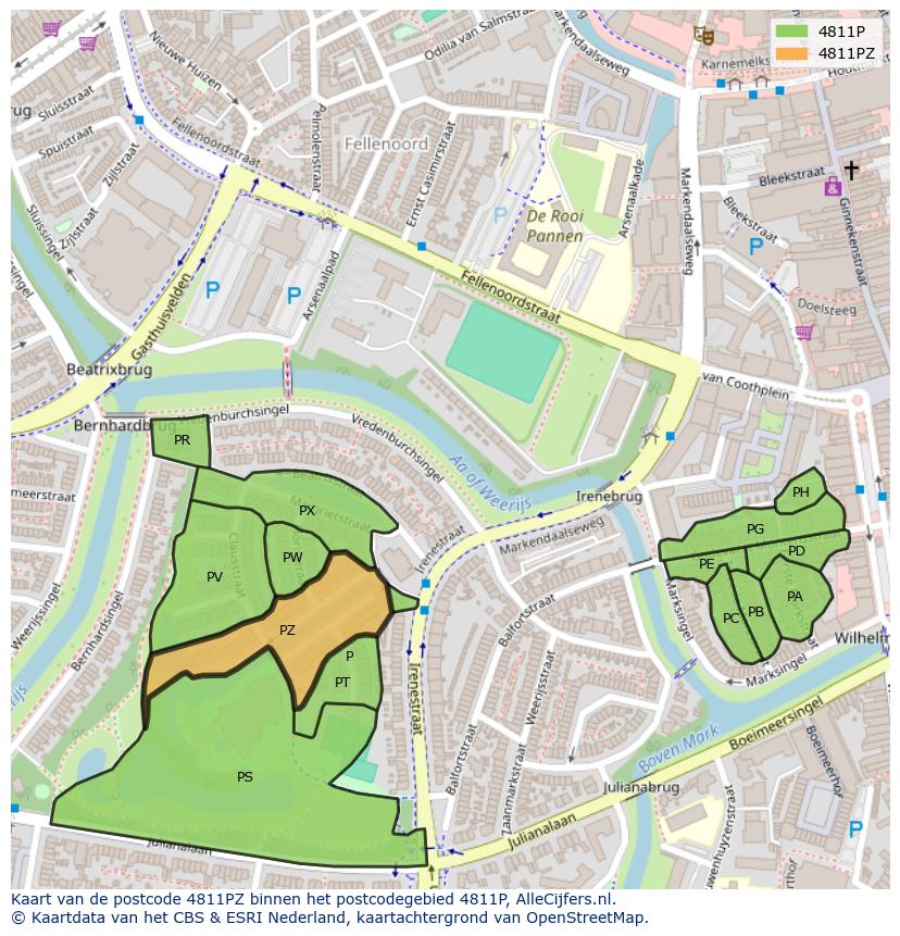 Afbeelding van het postcodegebied 4811 PZ op de kaart.