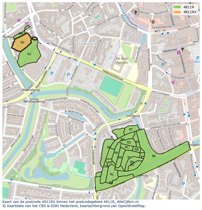 Afbeelding van het postcodegebied 4811 RX op de kaart.