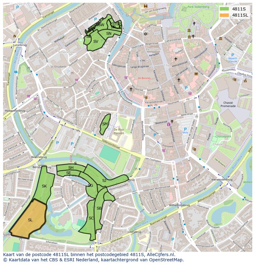 Afbeelding van het postcodegebied 4811 SL op de kaart.