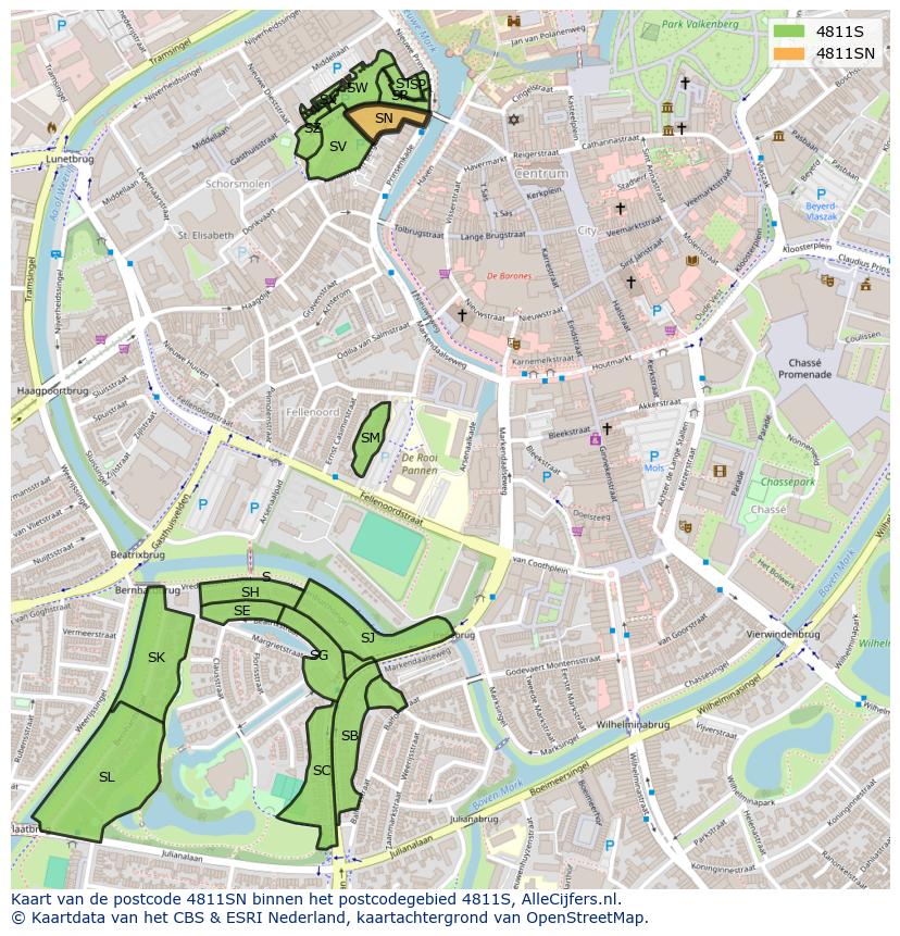 Afbeelding van het postcodegebied 4811 SN op de kaart.