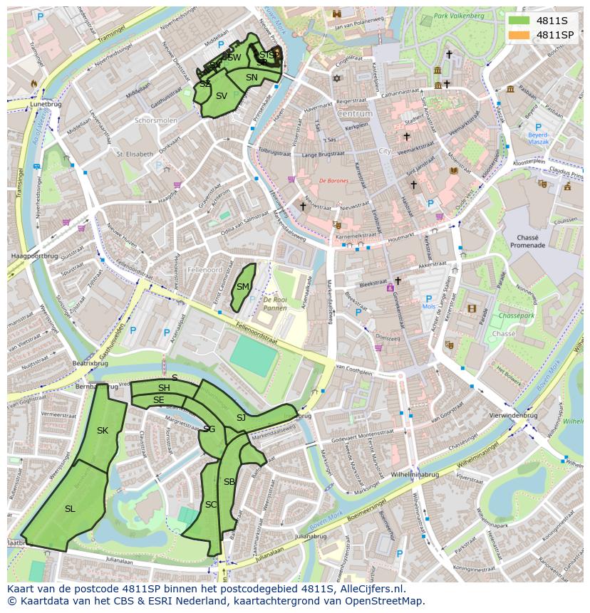 Afbeelding van het postcodegebied 4811 SP op de kaart.