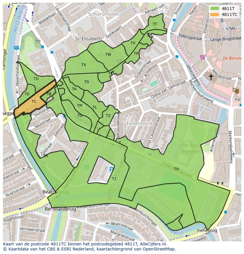 Afbeelding van het postcodegebied 4811 TC op de kaart.