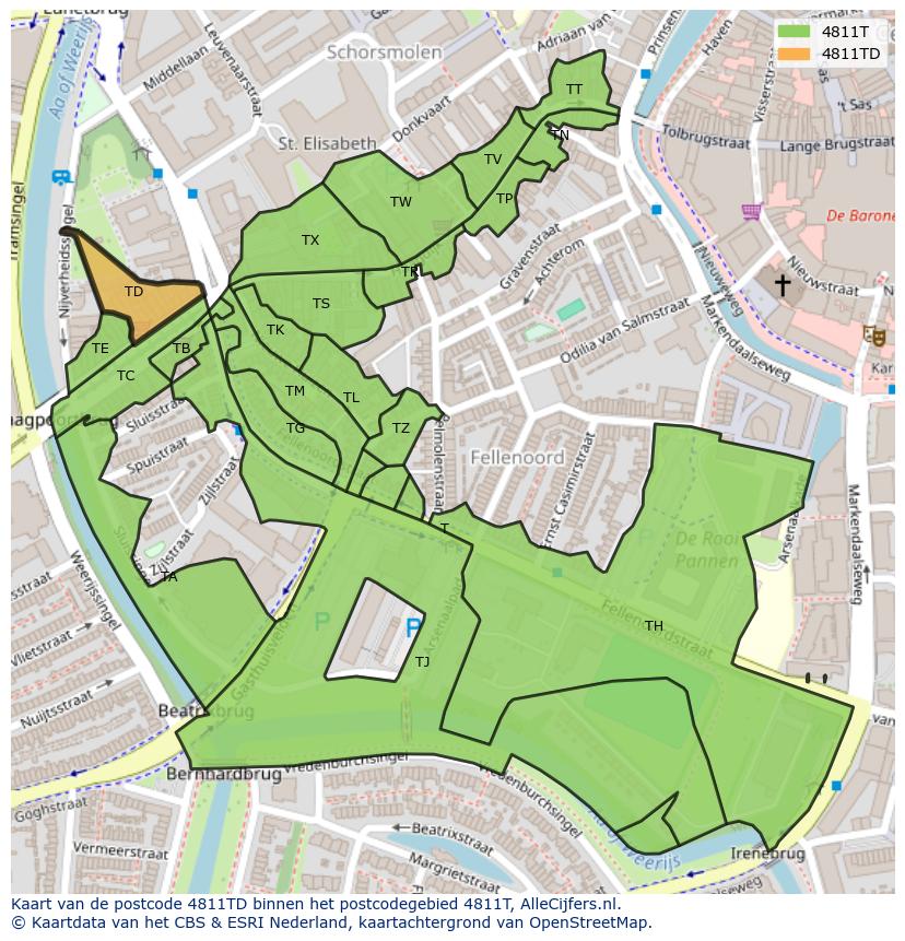 Afbeelding van het postcodegebied 4811 TD op de kaart.