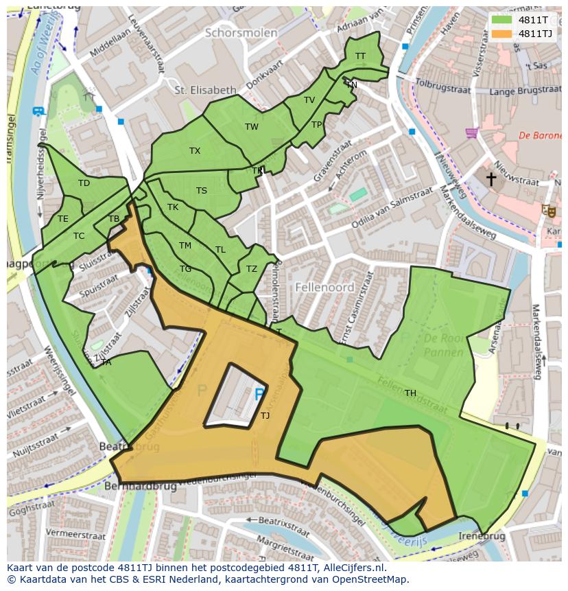 Afbeelding van het postcodegebied 4811 TJ op de kaart.