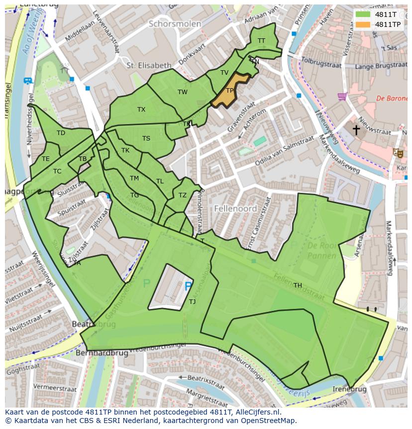 Afbeelding van het postcodegebied 4811 TP op de kaart.