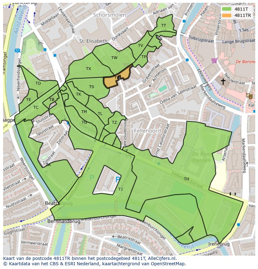 Afbeelding van het postcodegebied 4811 TR op de kaart.