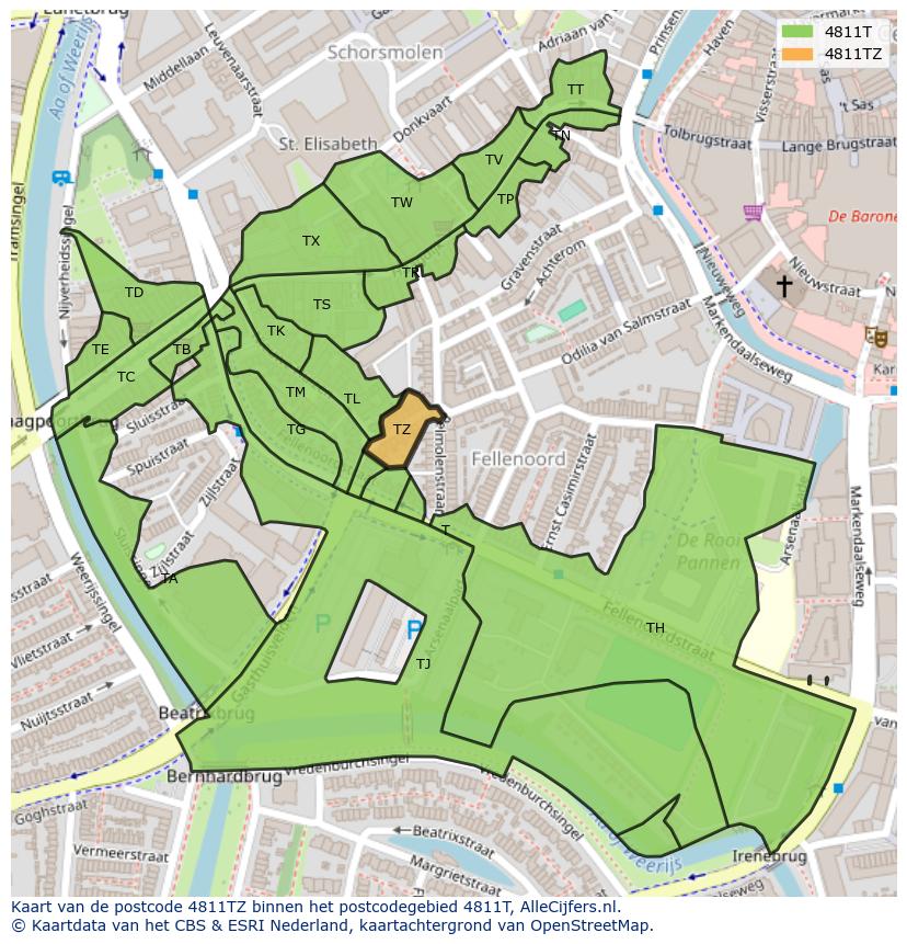 Afbeelding van het postcodegebied 4811 TZ op de kaart.