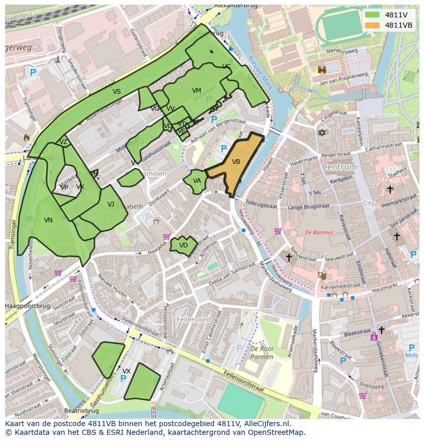 Afbeelding van het postcodegebied 4811 VB op de kaart.
