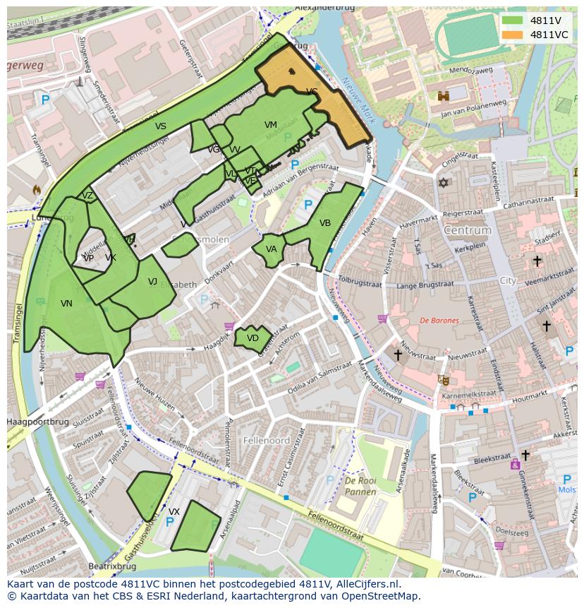 Afbeelding van het postcodegebied 4811 VC op de kaart.
