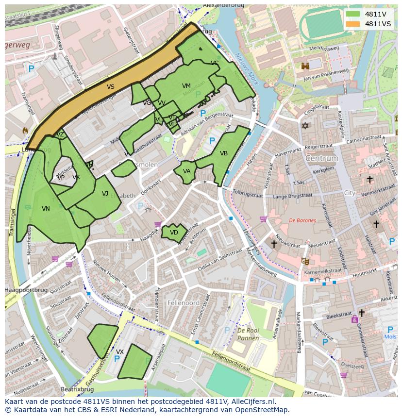 Afbeelding van het postcodegebied 4811 VS op de kaart.
