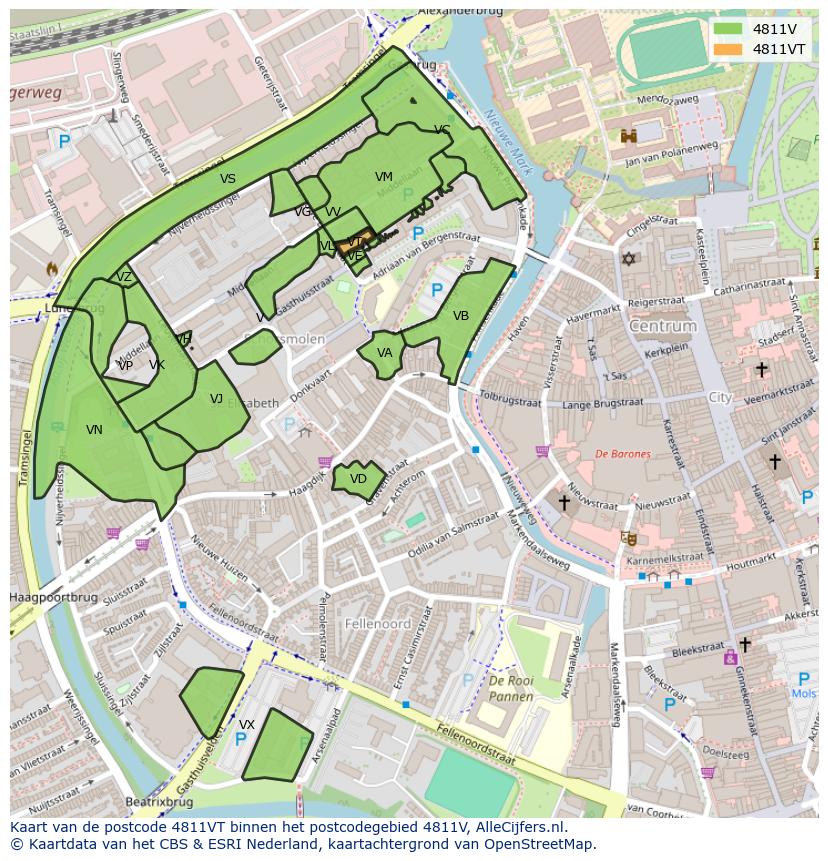 Afbeelding van het postcodegebied 4811 VT op de kaart.