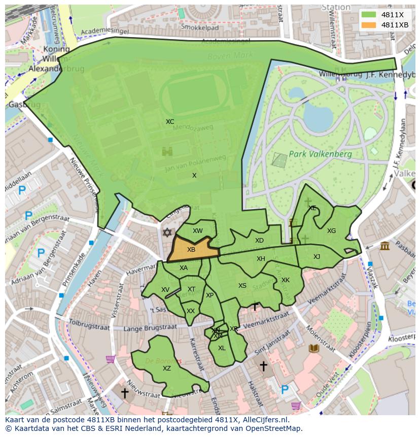 Afbeelding van het postcodegebied 4811 XB op de kaart.