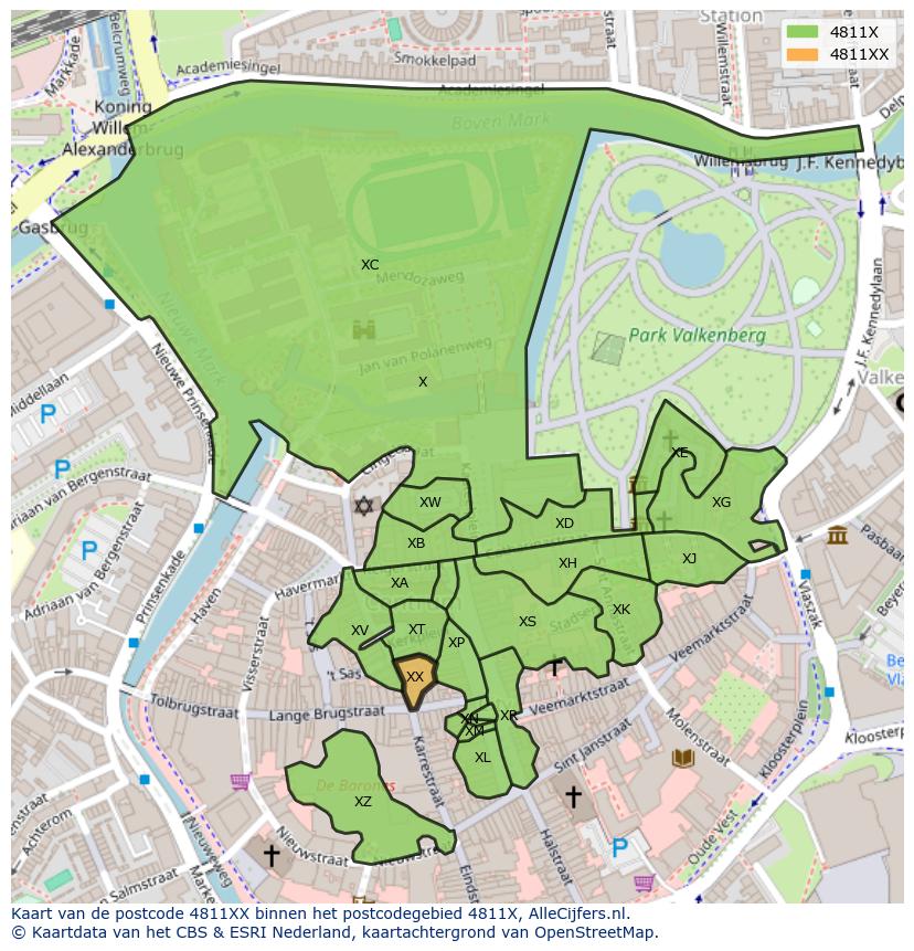 Afbeelding van het postcodegebied 4811 XX op de kaart.