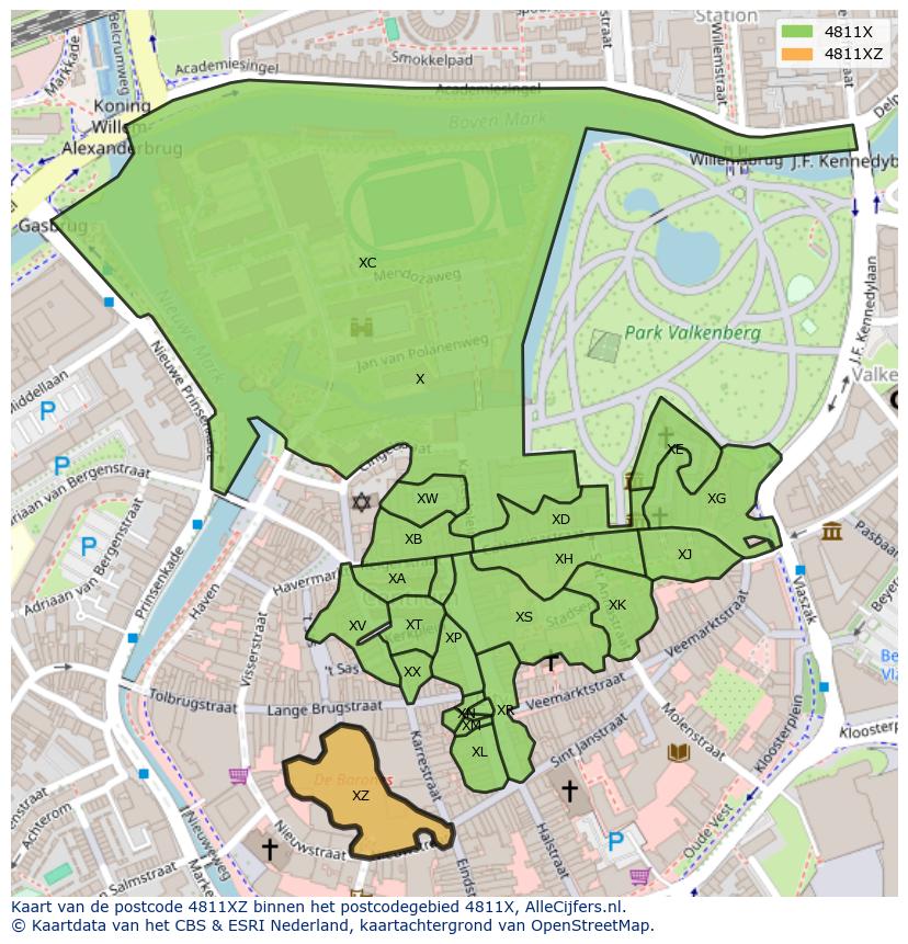 Afbeelding van het postcodegebied 4811 XZ op de kaart.